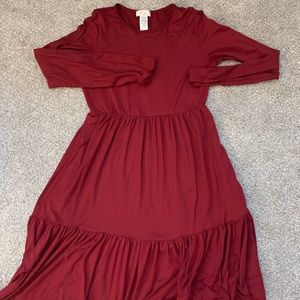 Maroon Tiered Long Sleeve Midi Dress